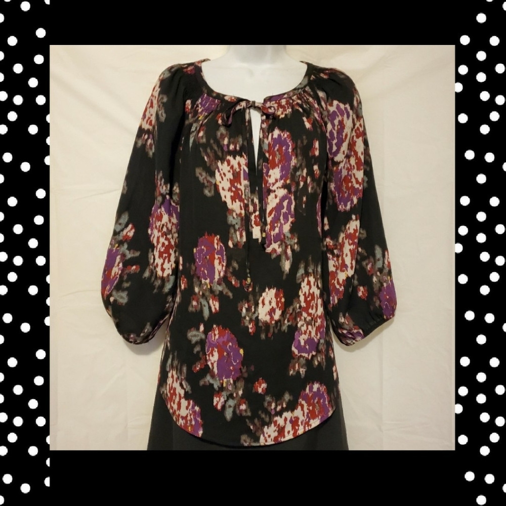 Daniel Rainn Keyhole Print Smocked Blouse Top M